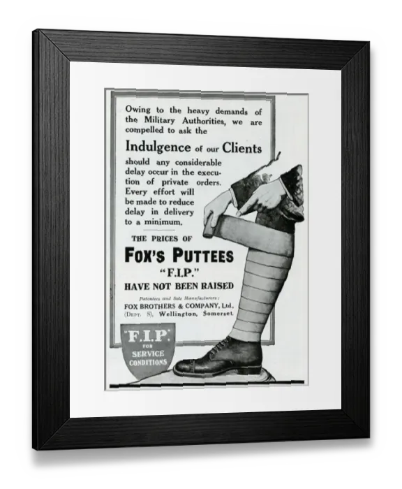 Framed Print : Advert for Foxs Puttees military authorities 1914 Framed Print : Advert for Foxs Puttees military authorities 1914