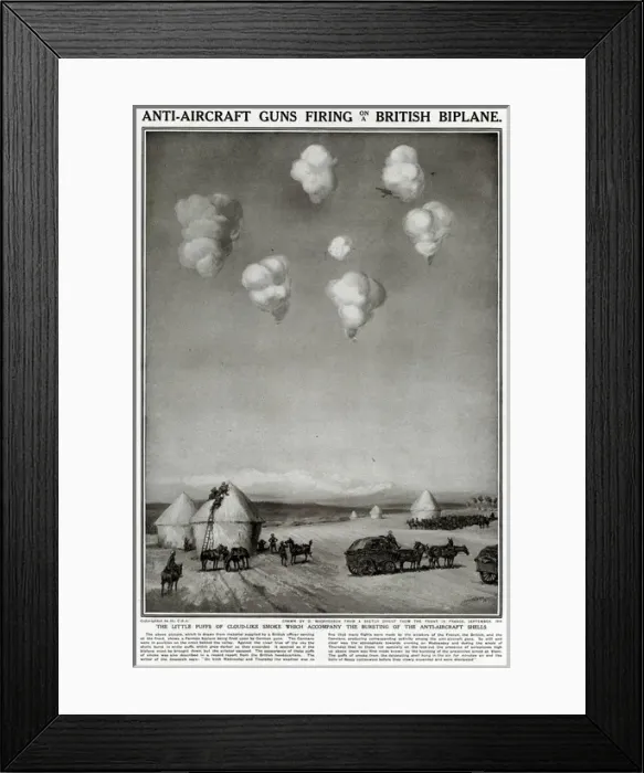 Framed Print : Anti-aircraft guns firing on British biplane, 1914 Framed Print : Anti-aircraft guns firing on British biplane, 1914