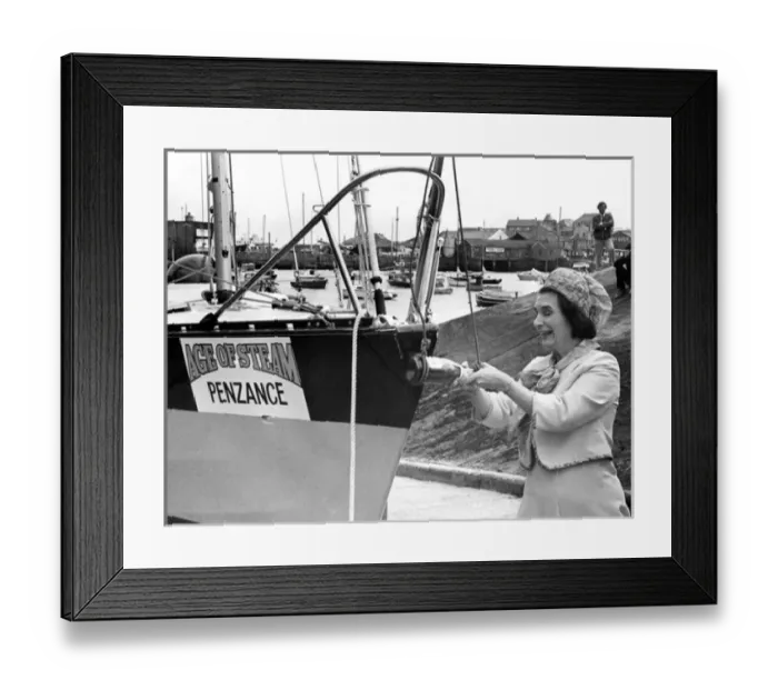 Framed Print : Janet Fookes MP launching yacht, Penzance, Cornwall Framed Print : Janet Fookes MP launching yacht, Penzance, Cornwall