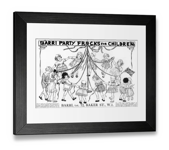 Framed Print : Barri advertisement, party frocks for children, WW1 Framed Print : Barri advertisement, party frocks for children, WW1