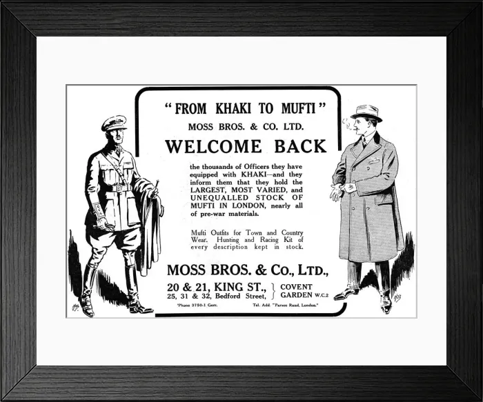 Framed Print : From Khaki to Mufti, Moss Bros advertisement, 1918