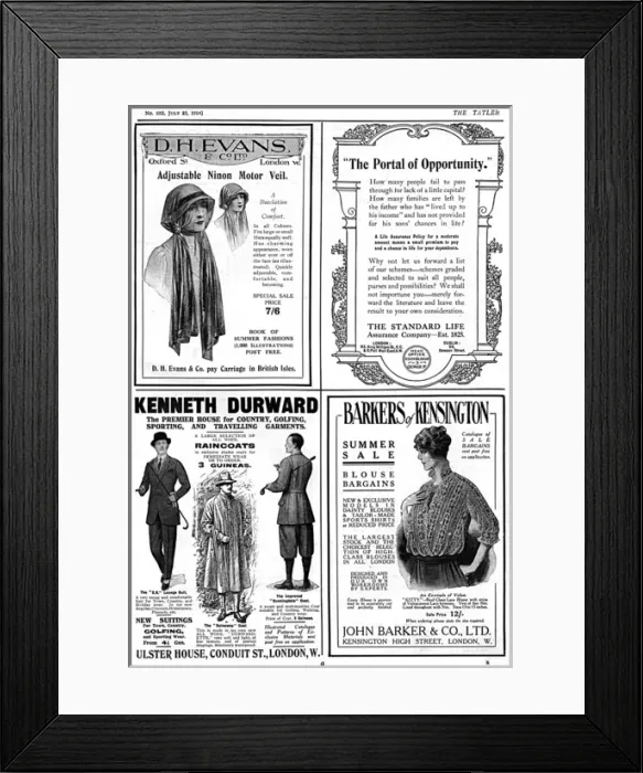 Framed Print : A page of adverts from The Tatler, dated 22nd July 1914 Framed Print : A page of adverts from The Tatler, dated 22nd July 1914