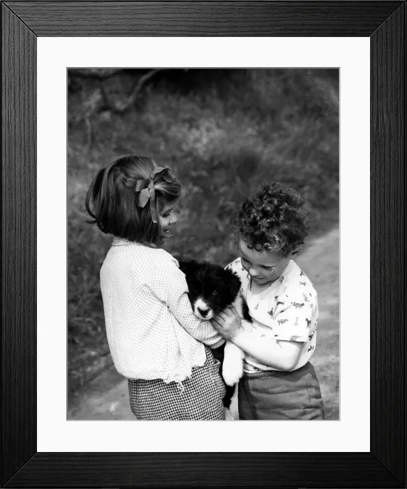 Framed Print : Girl and boy with puppy Framed Print : Girl and boy with puppy