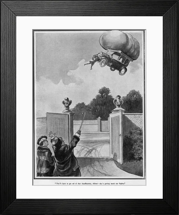 Framed Print : Gas powered car with lady chauffeur, WW1 cartoon Framed Print : Gas powered car with lady chauffeur, WW1 cartoon