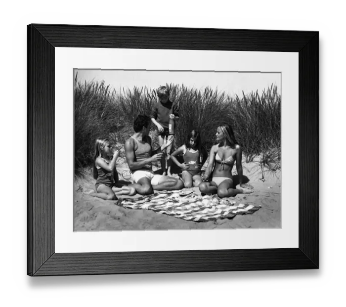 Framed Print : Family of five with picnic on beach Framed Print : Family of five with picnic on beach