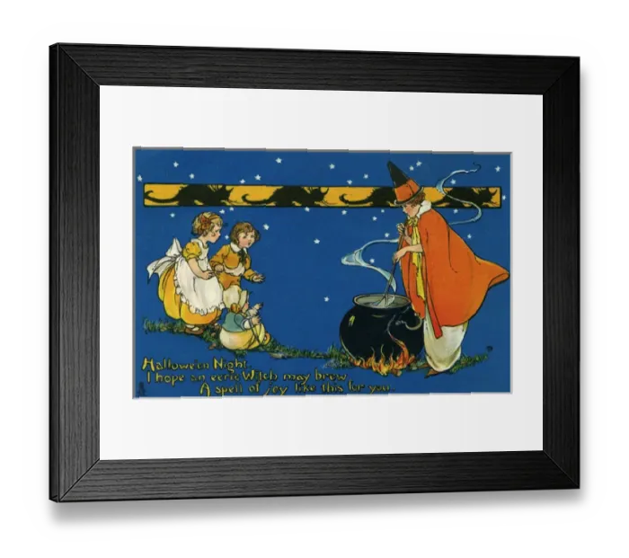 Framed Print : Halloween. Children watching a witch brew a spell of joy. Date: circa 1912 Framed Print : Halloween. Children watching a witch brew a spell of joy. Date: circa 1912