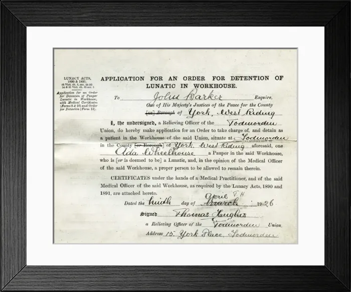 Framed Print : Pauper Lunatic Detention Application Framed Print : Pauper Lunatic Detention Application