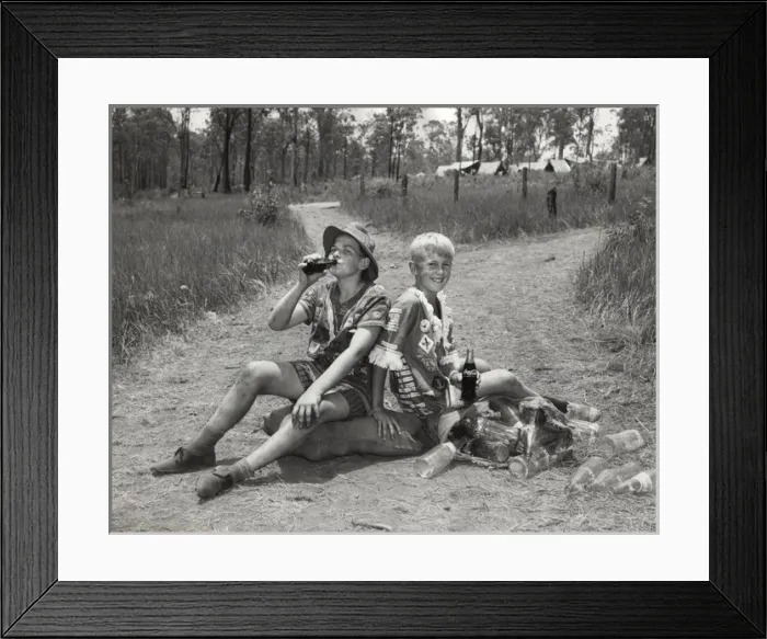 Framed Print : Boy scouts drinking from bottles, Australia Framed Print : Boy scouts drinking from bottles, Australia