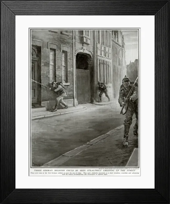 Framed Print : German soldiers entering Liege, Belgium, 1914 Framed Print : German soldiers entering Liege, Belgium, 1914