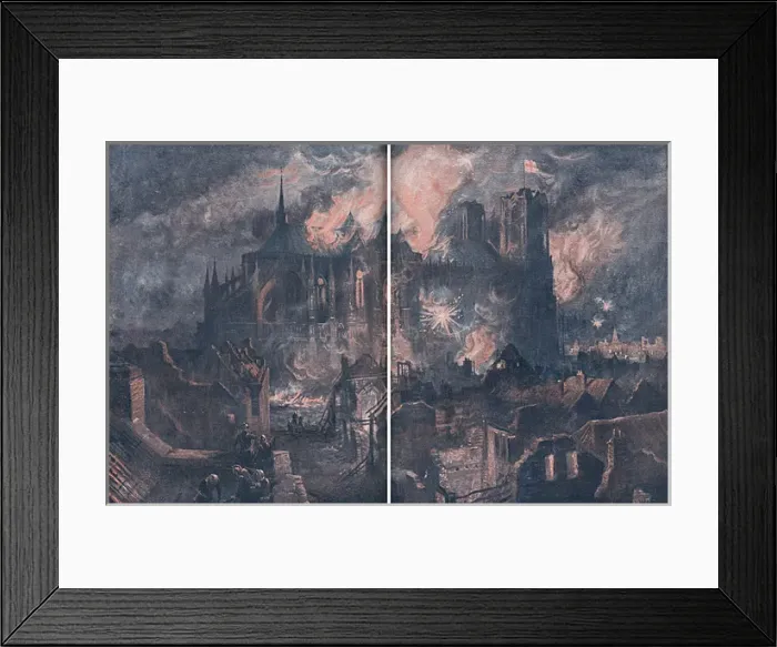 Framed Print : Burning of Reims Cathedral after bombardment, 1914 Framed Print : Burning of Reims Cathedral after bombardment, 1914