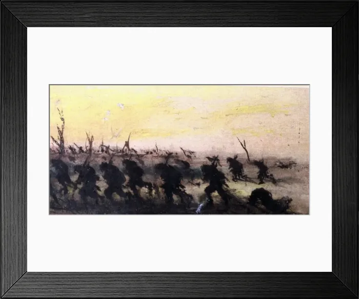 Framed Print : A group of soldiers running across a battlefield, WW1 Framed Print : A group of soldiers running across a battlefield, WW1