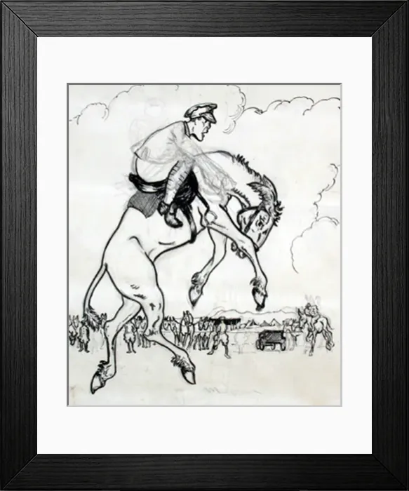 Framed Print : Unfinished cartoon sketch of bucking horse and rider Framed Print : Unfinished cartoon sketch of bucking horse and rider