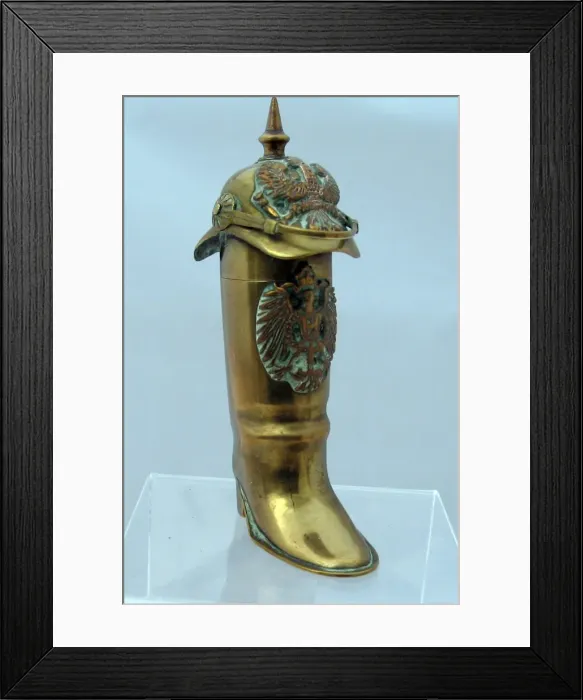 Framed Print : Brass lighter in the form of a jackboot, WW1 Framed Print : Brass lighter in the form of a jackboot, WW1