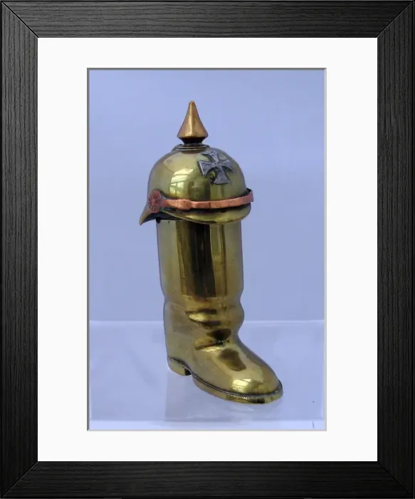 Framed Print : Brass lighter in the form of a jackboot, WW1 Framed Print : Brass lighter in the form of a jackboot, WW1