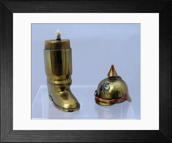 Framed Print : Brass lighter in the form of a jackboot, WW1 Framed Print : Brass lighter in the form of a jackboot, WW1