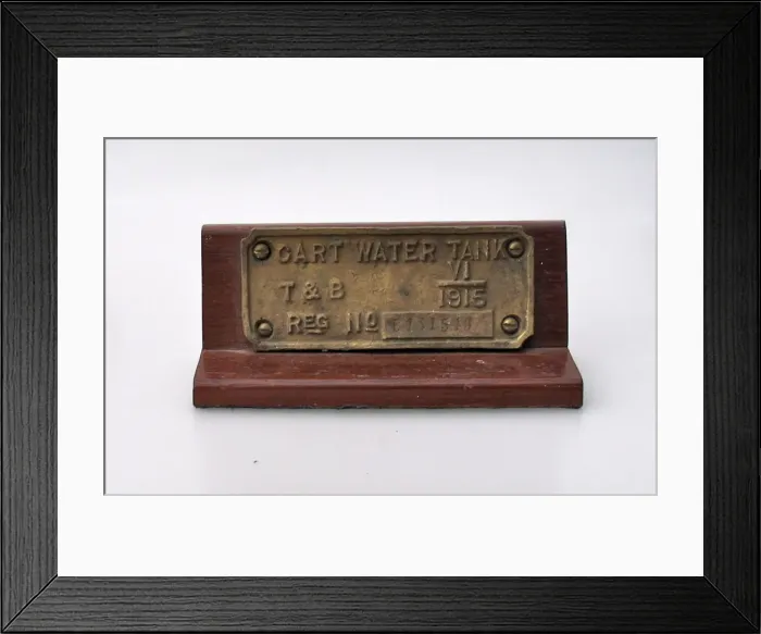 Framed Print : Brass plate, on a wooden plinth- CART WATER TANK Framed Print : Brass plate, on a wooden plinth- CART WATER TANK