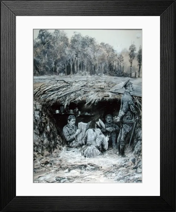 Framed Print : Royal Field Artillery Officers relaxing in a dug-out Framed Print : Royal Field Artillery Officers relaxing in a dug-out