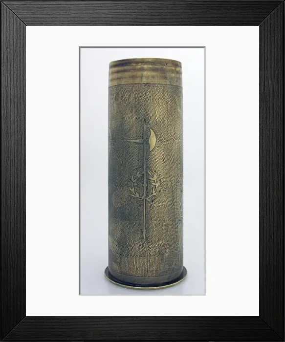 Framed Print : A 1913 77 mm shell case, engraved Merkem Framed Print : A 1913 77 mm shell case, engraved Merkem