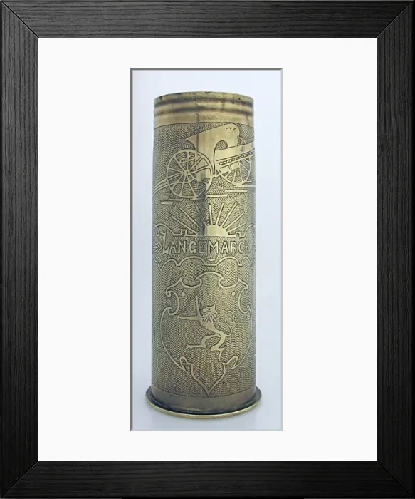 Framed Print : A 1913 77 mm shell case, engraved Langemark Framed Print : A 1913 77 mm shell case, engraved Langemark