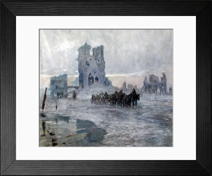 Framed Print : Horse-drawn transports passing the Cloth Hall, Ypres Framed Print : Horse-drawn transports passing the Cloth Hall, Ypres
