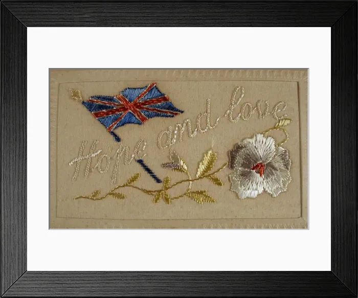 Framed Print : Silk embroidered on card - Hope and Love Union Flag Framed Print : Silk embroidered on card - Hope and Love Union Flag