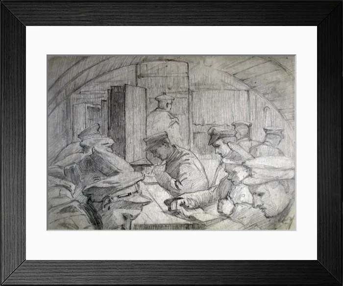 Framed Print : Soldiers writing, reading and relaxing in a Nissen hut Framed Print : Soldiers writing, reading and relaxing in a Nissen hut