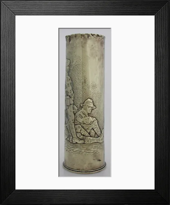 Framed Print : 18 pounder shell case - three Australian soldiers relaxing Framed Print : 18 pounder shell case - three Australian soldiers relaxing