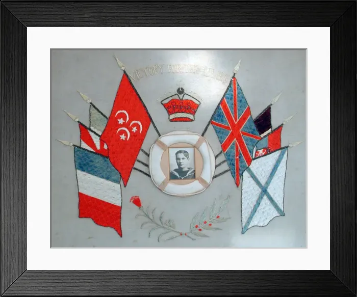 Framed Print : Embroidered crown, flags of the Allied nations Framed Print : Embroidered crown, flags of the Allied nations