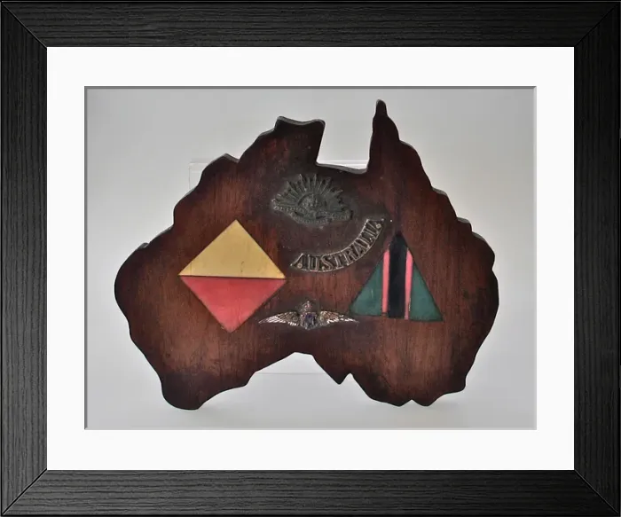 Framed Print : WWI mahogany plaque in the shape of Australia Framed Print : WWI mahogany plaque in the shape of Australia