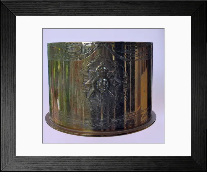 Framed Print : British Artillery Howitzer shell case - Badge of Devonshires Framed Print : British Artillery Howitzer shell case - Badge of Devonshires