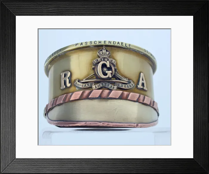 Framed Print : British 4 5 Howitzer shell case base - Army Service cap Framed Print : British 4 5 Howitzer shell case base - Army Service cap