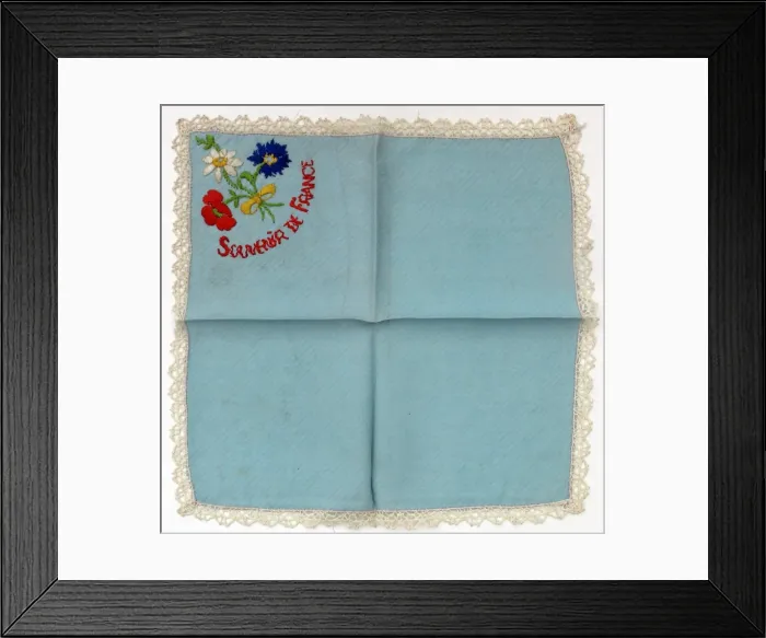 Framed Print : Lace handkerchief with flowers and Souvenir of France Framed Print : Lace handkerchief with flowers and Souvenir of France