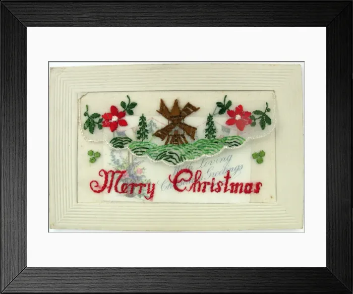 Framed Print : Silk postcard embroidered Merry Christmas - WWI era Framed Print : Silk postcard embroidered Merry Christmas - WWI era