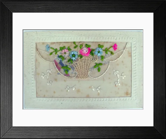 Framed Print : Silk postcard embroidered with flowers in a basket Framed Print : Silk postcard embroidered with flowers in a basket