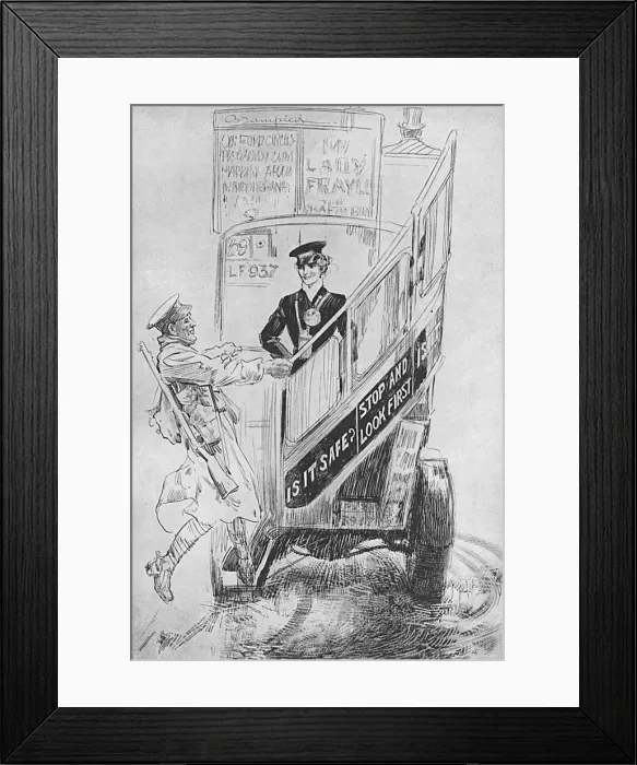 Framed Print : Chancing It, WW1 London bus with woman conductor Framed Print : Chancing It, WW1 London bus with woman conductor