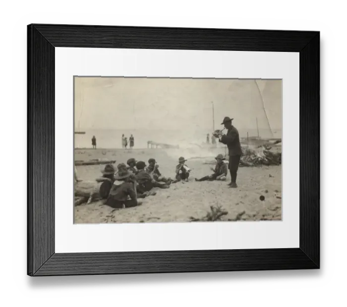 Framed Print : Edmonton scouts, campfire on beach, Canada Framed Print : Edmonton scouts, campfire on beach, Canada
