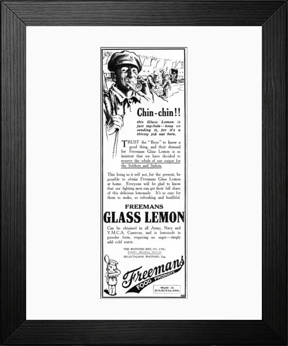 Framed Print : Freemans Glass Lemon drink advertisement, WW1 Framed Print : Freemans Glass Lemon drink advertisement, WW1