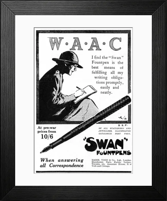 Framed Print : Swan Fountpen advert featuring WaC girl, WW1 Framed Print : Swan Fountpen advert featuring WaC girl, WW1