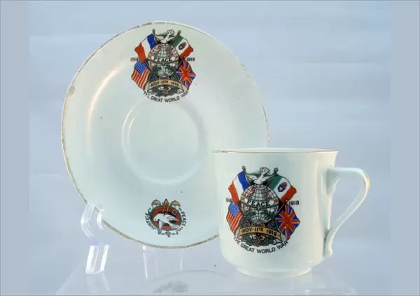 Unmarked cup and saucer showing the flags of the Allies