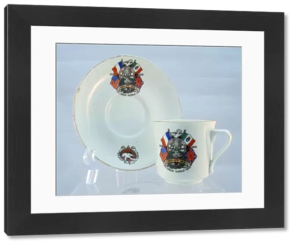 Unmarked cup and saucer showing the flags of the Allies