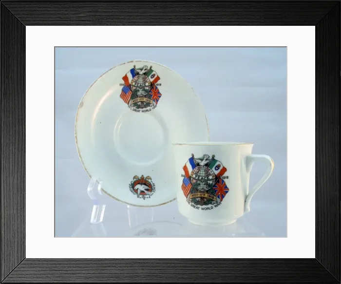 Framed Print : Unmarked cup and saucer showing the flags of the Allies Framed Print : Unmarked cup and saucer showing the flags of the Allies