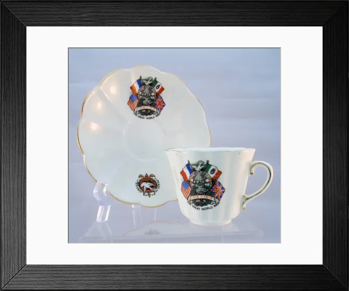 Framed Print : Tuscan China cup and saucer showing the flags of the Allies Framed Print : Tuscan China cup and saucer showing the flags of the Allies