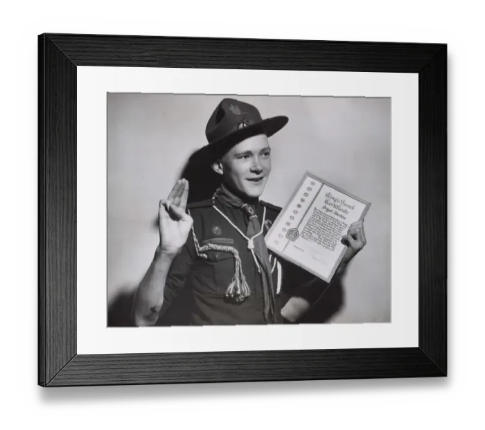Framed Print : Canadian scout with Kings Scout certificate Framed Print : Canadian scout with Kings Scout certificate