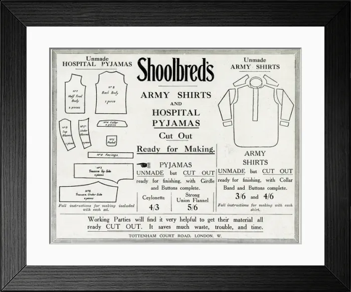 Framed Print : Advert for Schoolbreds army shirts and pyjamas 1915 Framed Print : Advert for Schoolbreds army shirts and pyjamas 1915