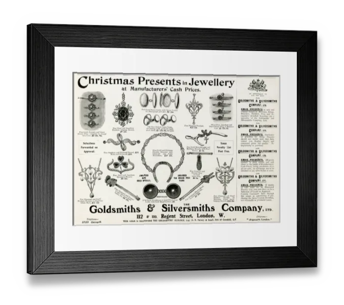 Framed Print : Advert for Goldsmiths & Silversmiths jewellery 1905