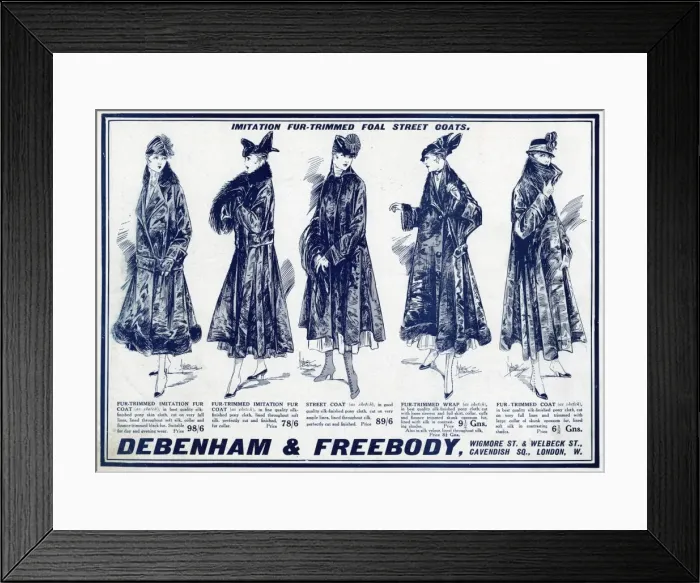 Framed Print : Advert for Debenham & Freebody fur trimmed coats 1914 Framed Print : Advert for Debenham & Freebody fur trimmed coats 1914