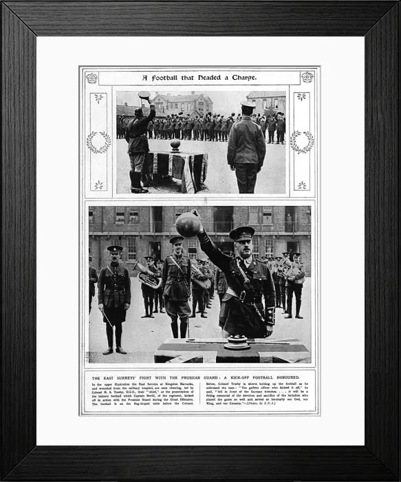 Framed Print : The East Surreys football dribbled in a charge, WW1 Framed Print : The East Surreys football dribbled in a charge, WW1
