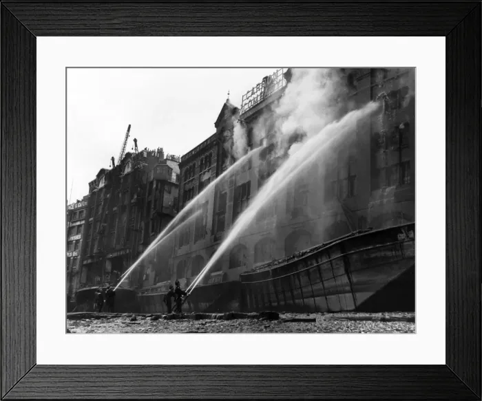 Framed Print : London firefighters at work with hosepipes Framed Print : London firefighters at work with hosepipes