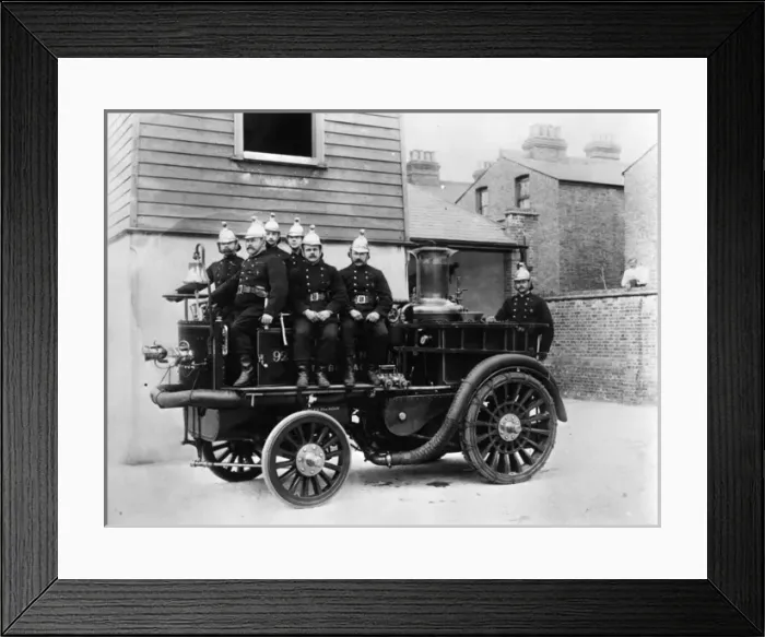 Framed Print : Firemen with early fire engine Framed Print : Firemen with early fire engine
