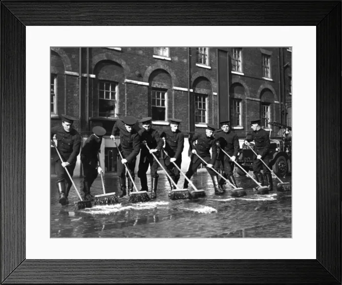 Framed Print : Firefighters with sweeping brushes, Southwark HQ Framed Print : Firefighters with sweeping brushes, Southwark HQ